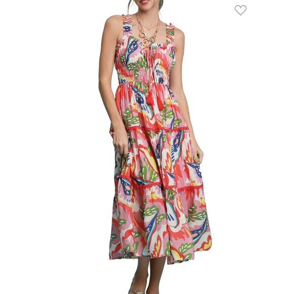 Umgee Tropical Floral Smocked Midi Dress Large Palm Print - Picture 2 of 16